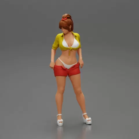 Sexy woman in bra and mini shirt undressing her shorts by 3DGeschaft Miniatures Figures