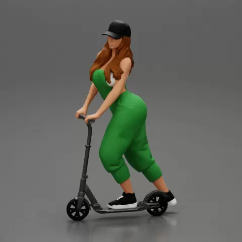 2 Sexy Woman Riding Electric Scooter At Parking Wearing overalls suit and cap by 3DGeschaft Miniatures Figures