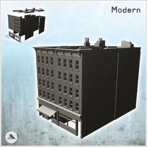 Large modern corner building with first floor store and roof chimneys (13) - Cold Era Modern Warfare Conflict World War 3 by Hartolia Miniatures