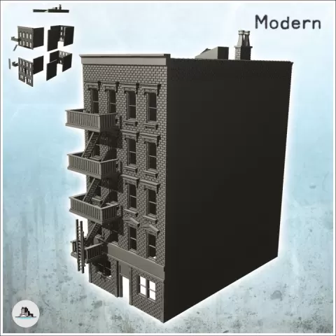 Four-story residential building with exterior escape ladders (1) - Cold Era Modern Warfare Conflict World War 3 by Hartolia Miniatures