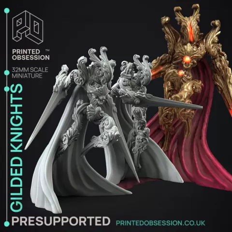 Gilded Knights - Flesh of Gold - PRESUPPORTED - Illustrated and Stats - 32mm scale by Printed Obsession