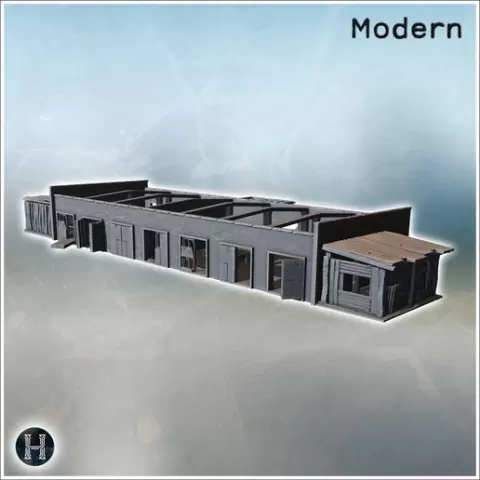 Long industrial shed with exposed beams, corrugated walls, and multiple open doorways in sequence (19) - Modern WW2 WW1 World War Diaroma Wargaming RPG Mini Hobby
