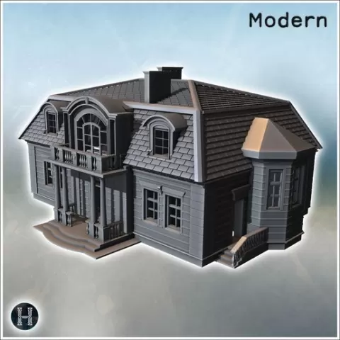 Elegant villa featuring arched windows, sloped tiled roof, balcony, and a decorative central staircase (17) - Modern WW2 WW1 World War Diaroma Wargaming RPG Mini Hobby
