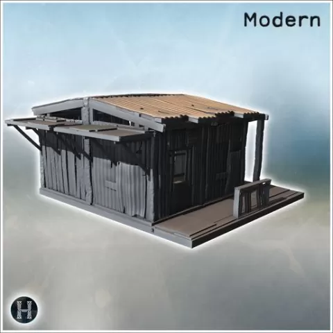Small corrugated metal hut with damaged roof and wooden supports on a simple platform (12) - Modern WW2 WW1 World War Diaroma Wargaming RPG Mini Hobby