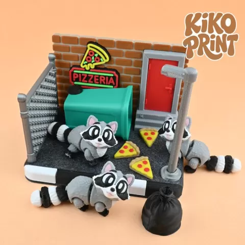 Cute Flexi Raccoon And Pizzeria Diorama Playset Print-in-place & Keychain by Kiko Print