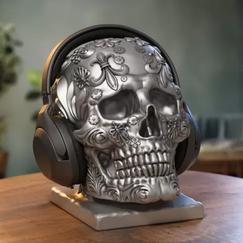 Ornament Skull Headphone Stand, Cyborg Headset Stand, Perfect Gamer Gift, Sci-Fi Fans Gift, Ornament Skull Headphone Holder a180 (1)