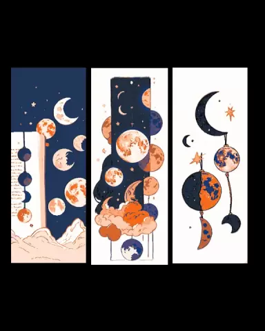 Cute Child Art depicting the Moon in different Phases and Different Styles - Set of 3 Bookmarks