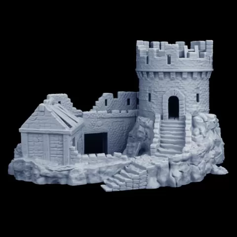 Cliffside Bastion: Composite Fortress Ruins with Round Tower, Cottage & Rock Stairs (3D Print Ready/Large Fantasy Terrain) by Ronald