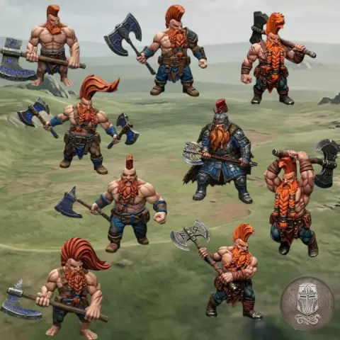 Dwarven Giantslayers – 8 Elite Giant Hunters with Dwarf King | 32mm Fantasy Wargame Heavy Infantry Unit by Guillermo Montero Santiago