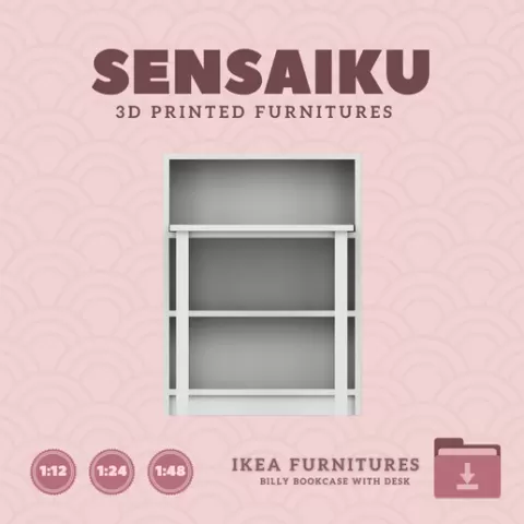 Miniature Replica Billy Bookcase with Desk for Miniature Dollhouse - IKEA (1:12,24,48) - 3D Print Instant Download