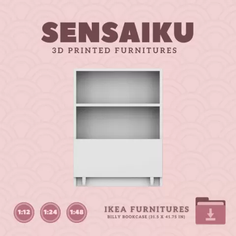 Miniature Replica Billy Bookcase (31.5 x 41.75 in) with Drawer for Miniature Dollhouse - IKEA (1:12,24,48) - 3D Print Instant Download