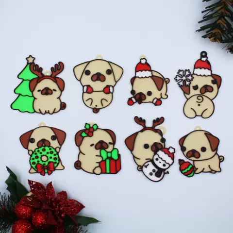 Christmas Cute Pug Pack / 8 Piece Decoration Ornament Christmas Tree Earrings Keyring Keychain Festive Ball