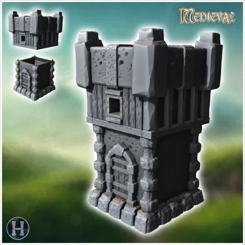 Medieval square stone defense tower with rounded wooden door (12) - Medieval Gothic Feudal Old Archaic Saga 28mm 15mm RPG by Hartolia Miniatures