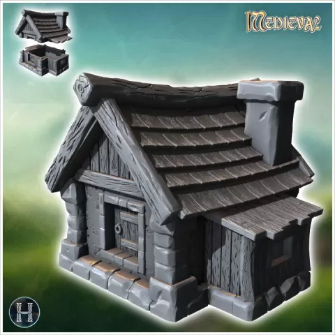 Medieval house with chimney in roof and annex with side window (11) - Medieval Gothic Feudal Old Archaic Saga 28mm 15mm RPG by Hartolia Miniatures