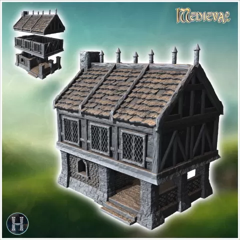 Medieval building with paned window, large access canopy and roof spikes (3) - Medieval Gothic Feudal Old Archaic Saga 28mm 15mm RPG by Hartolia Miniatures