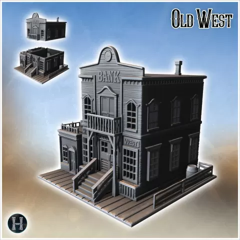 Western wood-plank bank with access stairs and side balcony (2) - Cowboy USA America ACW American Civil War History Historical by Hartolia Miniatures
