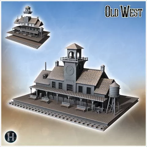 Western railway station with tracks, water tank and clock tower (1) - Cowboy USA America ACW American Civil War History Historical by Hartolia Miniatures