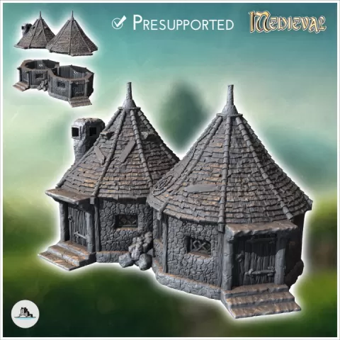 Medieval sorcerer's hut with double roofs and wooden doors (6) - Medieval Gothic Feudal Old Archaic Saga 28mm 15mm RPG by Hartolia Miniatures