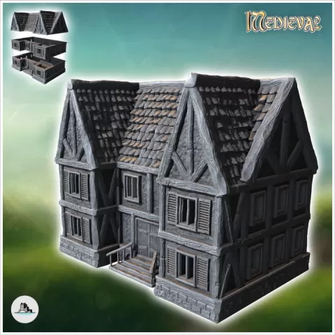 Medieval half-timbered one-storey house with staircase and window shutters (20) - Medieval Gothic Feudal Old Archaic Saga 28mm 15mm RPG by Hartolia Miniatures