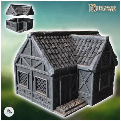 Medieval half-timbered house with tiled roof and access steps (18) - Medieval Gothic Feudal Old Archaic Saga 28mm 15mm RPG by Hartolia Miniatures