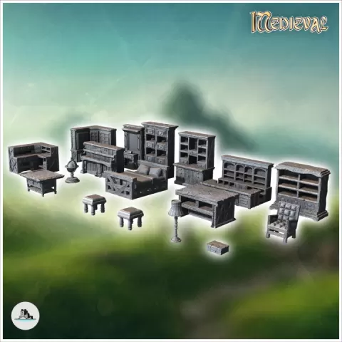 Medieval interior furniture set with shelves, bookcases, beds and armchairs (7) - Medieval Gothic Feudal Old Archaic Saga 28mm 15mm RPG by Hartolia Miniatures