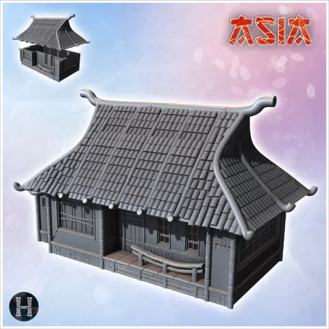 Asian building with entrance awning and rounded railing (29) - Asian Asia Oriental Angkor Ninja Traditionnal RPG Mini by Hartolia Miniatures