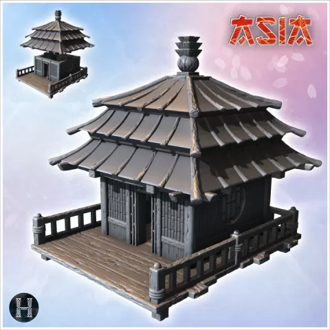 Asian building with wooden access platform and gable roof (32) - Asian Asia Oriental Angkor Ninja Traditionnal RPG Mini by Hartolia Miniatures