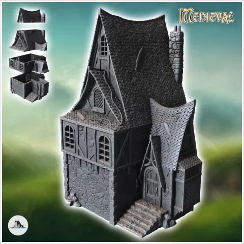 Medieval half-timbered house with stone fireplace, access staircase and rope over roof (42) - Medieval Gothic Feudal Old Archaic Saga 28mm 15mm RPG by Hartolia Miniatures