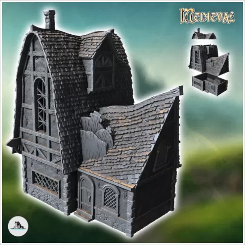 Large medieval building with convex double-sloped tile roof, half-timbered walls and wooden door (41) - Medieval Gothic Feudal Old Archaic Saga 28mm 15mm RPG by Hartolia Miniatures