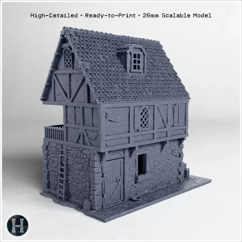 Medieval house with large exterior stone fireplace, balcony with ladder and wooden door (38) - Medieval Gothic Feudal Old Archaic Saga 28mm 15mm RPG by Hartolia Miniatures