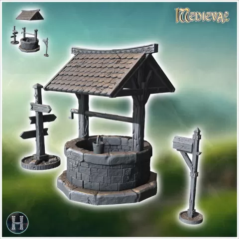 Outdoor accessory set with tile-roofed well, wooden sign and letterbox (4) - Medieval Gothic Feudal Old Archaic Saga 28mm 15mm RPG by Hartolia Miniatures