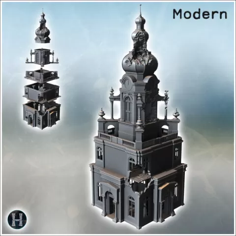 Destroyed Orthodox bell tower in baroque style with column entrances (31) - Modern WW2 WW1 World War Diaroma Wargaming RPG Mini Hobby by Hartolia Miniatures