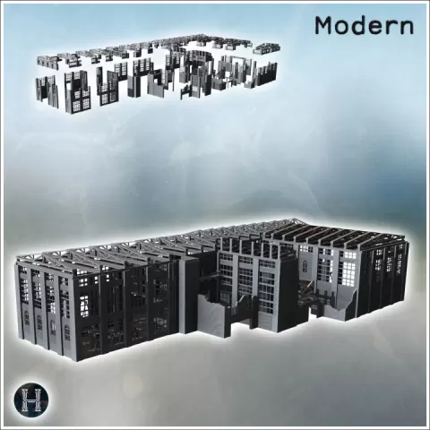 Large damaged modern factory with tin roof, brick walls, and interior with machines (26) - Modern WW2 WW1 World War Diaroma Wargaming RPG Mini Hobby by Hartolia Miniatures