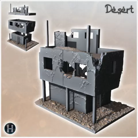 Ruined flat-roofed desert building with wooden pillars (21) - Canyon Sandy Landscape 28mm 15mm RPG DND Nomad Desertland African Middle East by Hartolia Miniatures