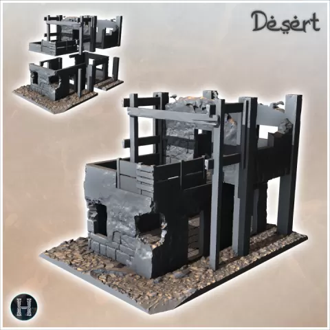 Ruined desert building with wooden frame and upstairs terrace (15) - Canyon Sandy Landscape 28mm 15mm RPG DND Nomad Desertland African Middle East by Hartolia Miniatures