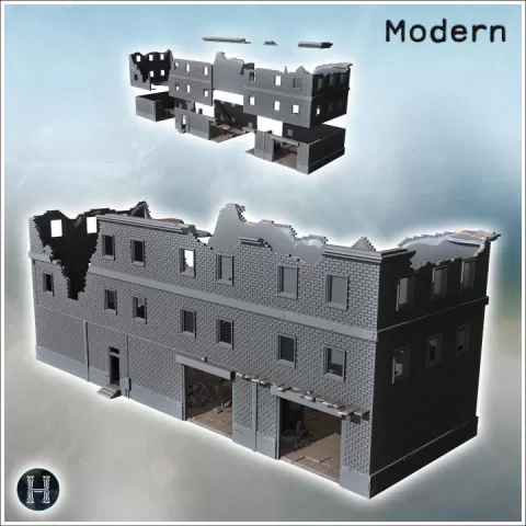 Ruined brick building with floor, garage doors, and interior debris (8) - Modern WW2 WW1 World War Diaroma Wargaming RPG Mini Hobby by Hartolia Miniatures