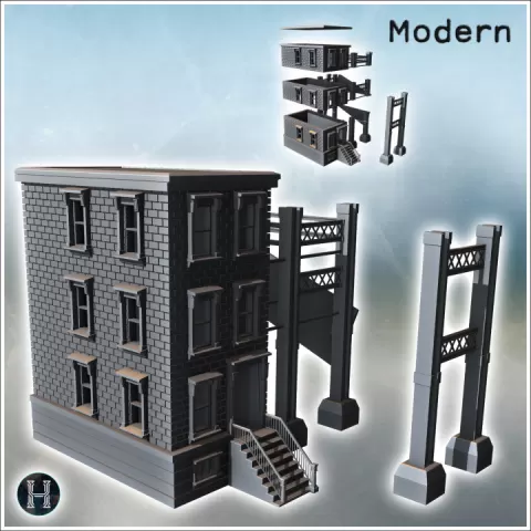 Modern brick building with floors, access stairs, and metal beam structure (7) - Modern WW2 WW1 World War Diaroma Wargaming RPG Mini Hobby by Hartolia Miniatures