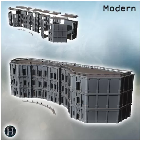 Large baroque palace with flat roof with railing and concave central part (1) - Modern WW2 WW1 World War Diaroma Wargaming RPG Mini Hobby by Hartolia Miniatures