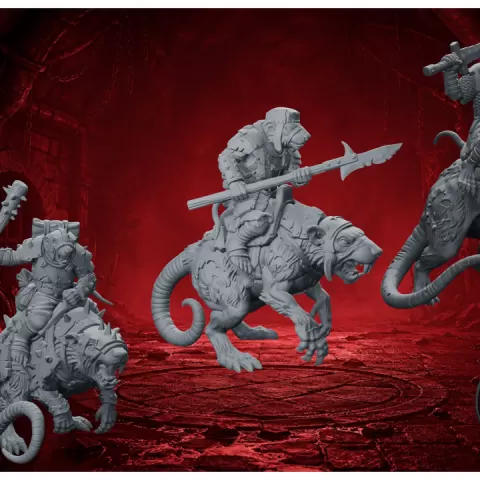 Ratmen Swarm Riders – 3 Vermin Cavalry Mounted on Giant Rats | 32mm Fantasy Wargame Unit by Guillermo Montero Santiago