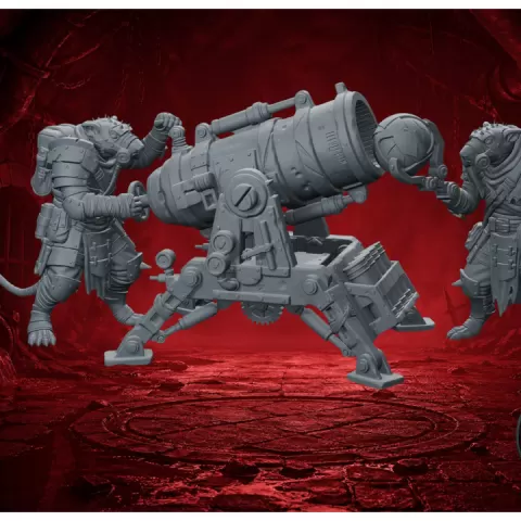 Ratmen Mortar Team – 2 Vermin Artillery Crew with Heavy Mortar | 32mm Fantasy Wargame Weapon Unit by Guillermo Montero Santiago