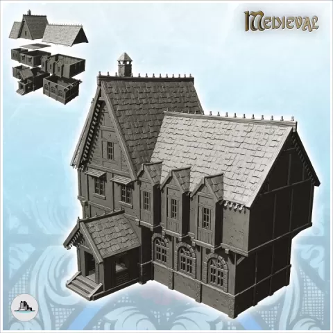 Large medieval residence with entrance under awning and sculpted slate roof (19) - Medieval Gothic Feudal Old Archaic Saga 28mm 15mm RPG by Hartolia Miniatures