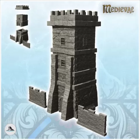 Medieval cut stone defense tower with adjoining walls (13) - Medieval Gothic Feudal Old Archaic Saga 28mm 15mm RPG by Hartolia Miniatures