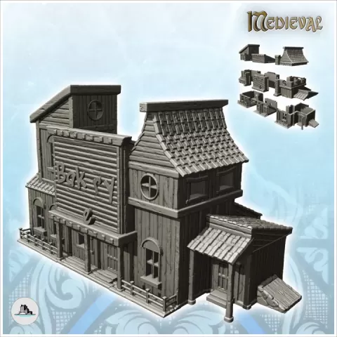 Large wooden bakery with annex and large sign (4) - Medieval Gothic Feudal Old Archaic Saga 28mm 15mm RPG by Hartolia Miniatures