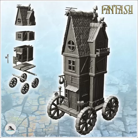 Fantasy medieval shop on four wooden wheels with sign and round window (3) - Medieval Gothic Feudal Old Archaic Saga 28mm 15mm RPG by Hartolia Miniatures