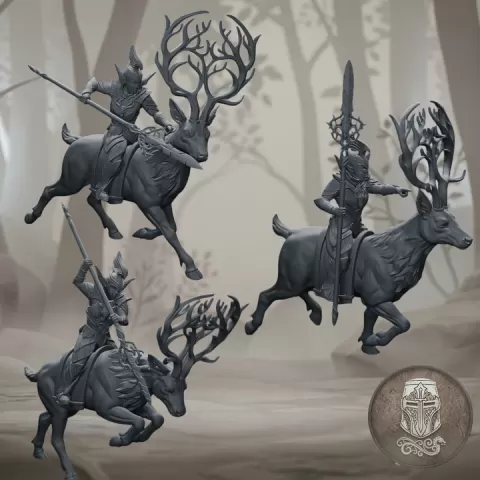 Wood Elf Deer Riders – 3 Mounted Elves on Stags | 32mm Fantasy Wargame Cavalry by Guillermo Montero Santiago