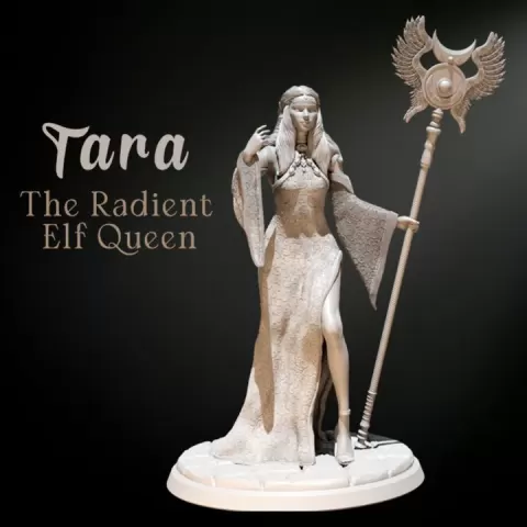 Tara – The Elf Queen STL | Fantasy Female Elf Miniature | 32mm / 75mm / 100mm | With & Without Base by WargamesCo