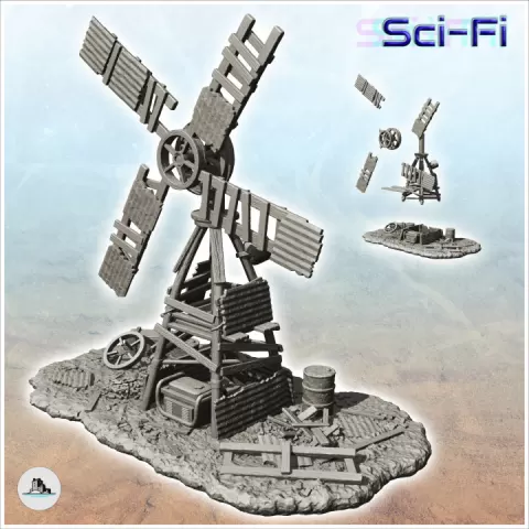 Post-apocalyptic wind turbine made of sheet metal and wood with barrel (2) - Future Sci-Fi SF Post apocalyptic Tabletop Scifi by Hartolia Miniatures