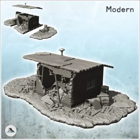 Modern building ruin made of sheet metal with metal chimney and barrel (3) - Future Sci-Fi SF Post apocalyptic Tabletop Scifi by Hartolia Miniatures