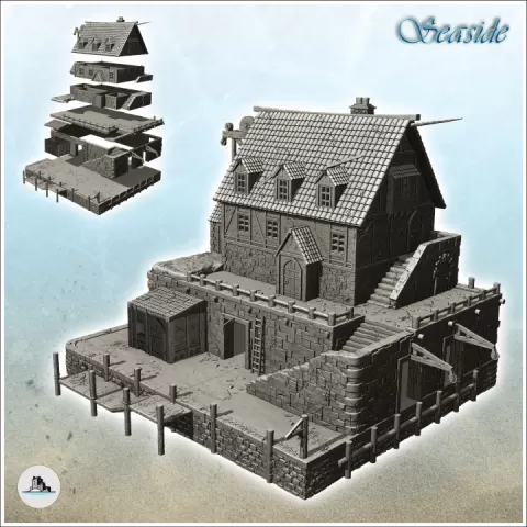 Large medieval building on stone platform with port (9) - Pirate Jungle Island Beach Piracy Caribbean Medieval Skull Renaissance by Hartolia Miniatures