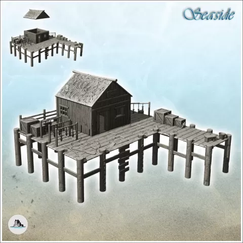 Wooden dock with warehouse building and crates (11) - Pirate Jungle Island Beach Piracy Caribbean Medieval Skull Renaissance by Hartolia Miniatures